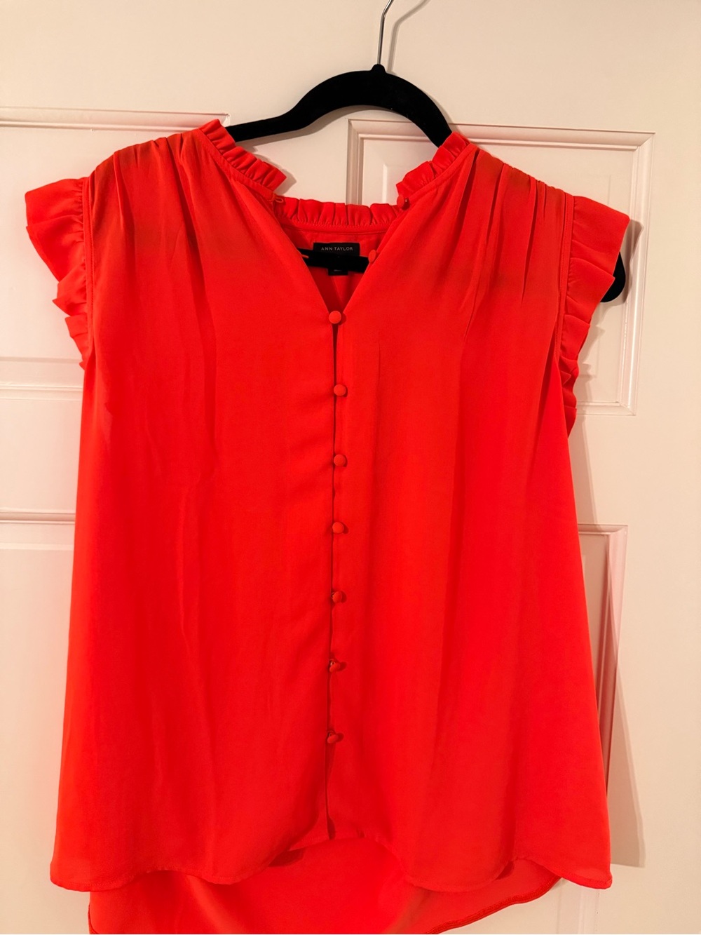 Ann Taylor Bright Coral Ruffle-Neck Button-Front Blouse